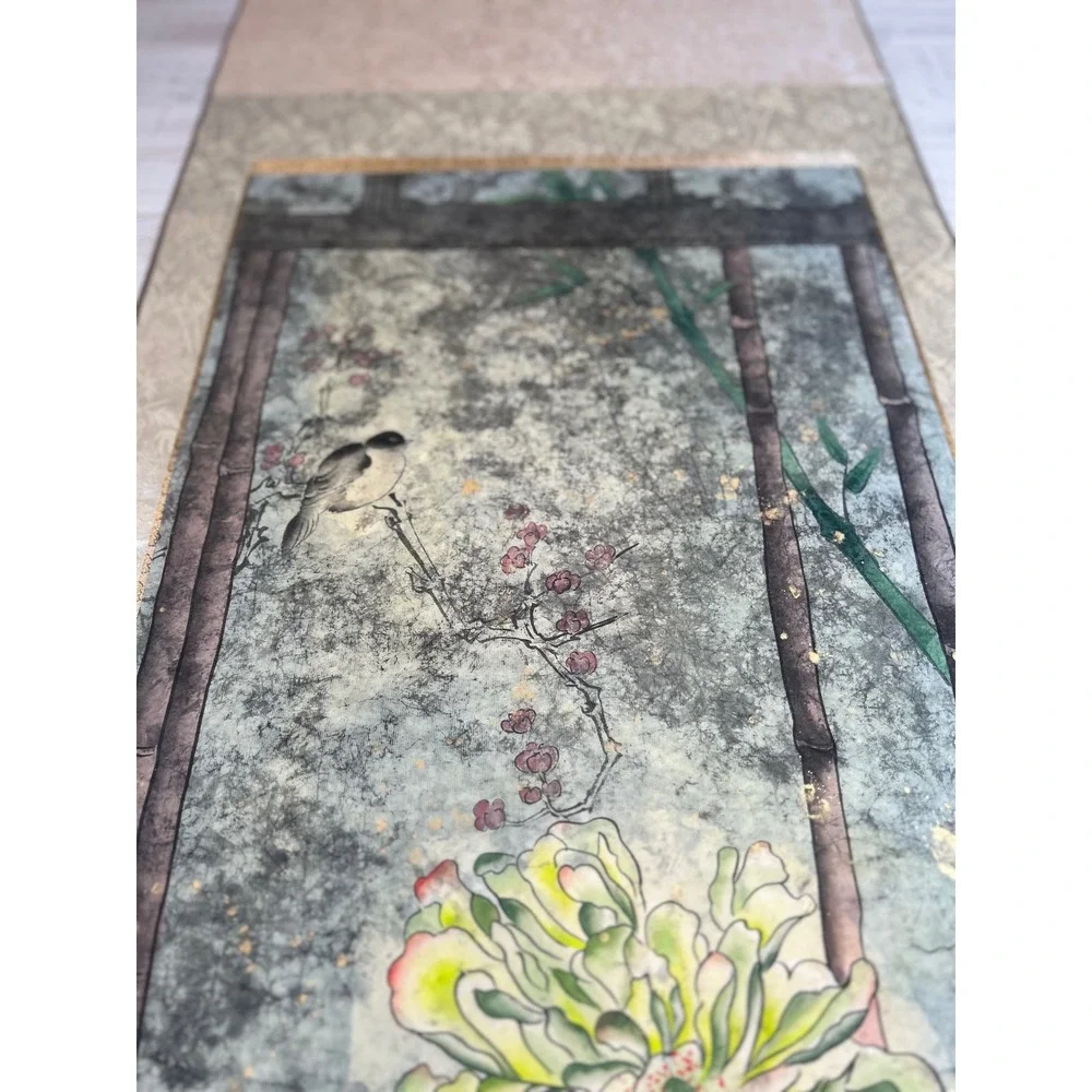 Vintage Asian Wall Scroll Yellow Peony Flower Silk‎ Brocade Porcelain Ends 48in